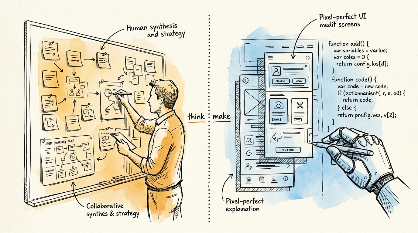 UX Designer working alongside AI — humans think strategy, AI handles production